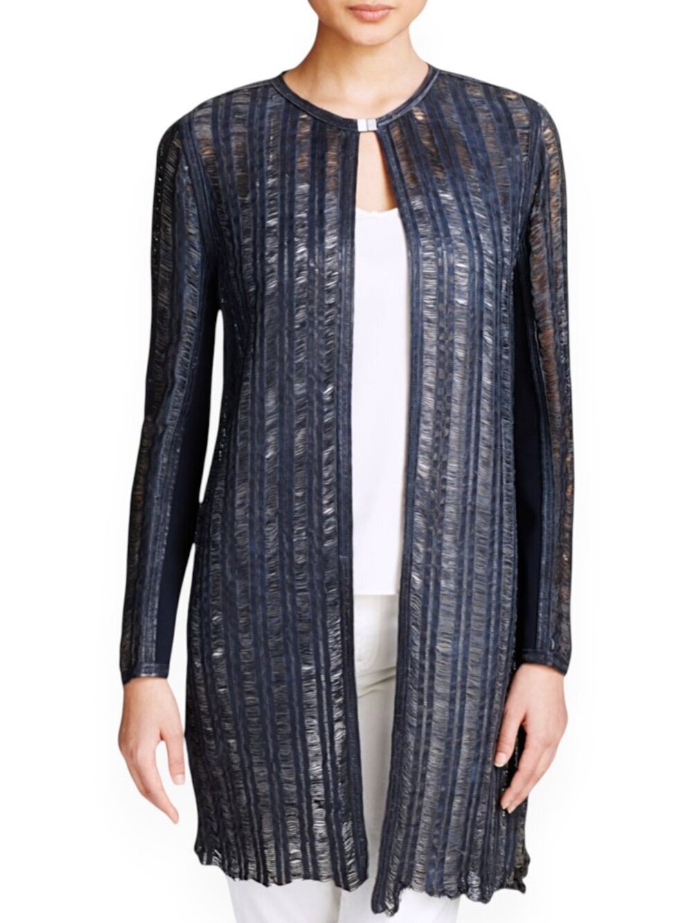 Elie Tahari Navy Blue 100% Lamb Leather Laser Cut Sheer Jacket Coat Topper S